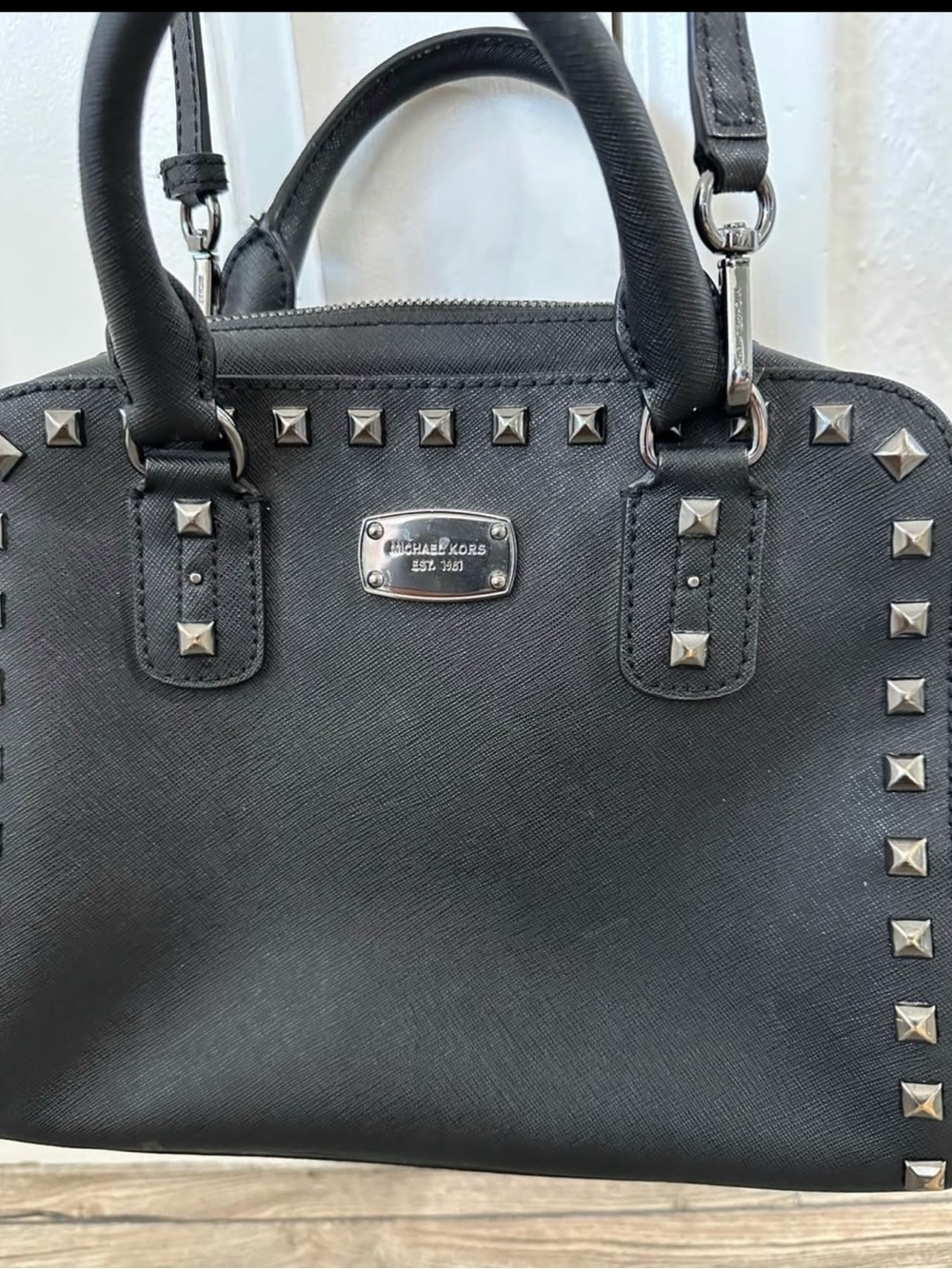 Michael Kors Black Saffiano Studded Satchel with Silver Hardware